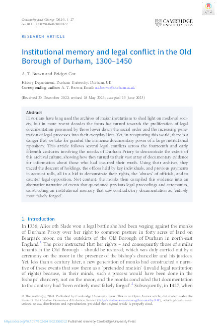 Institutional memory and legal conflict in the Old Borough of Durham, 1300–1450 Thumbnail