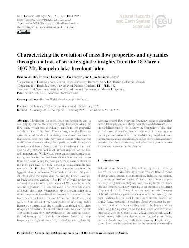 Characterizing the evolution of mass flow properties and dynamics through analysis of seismic signals: insights from the 18 March 2007 Mt. Ruapehu lake-breakout lahar Thumbnail