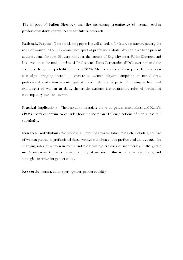 The impact of Fallon Sherrock and the increasing prominence of women within professional darts events: a call for future research Thumbnail