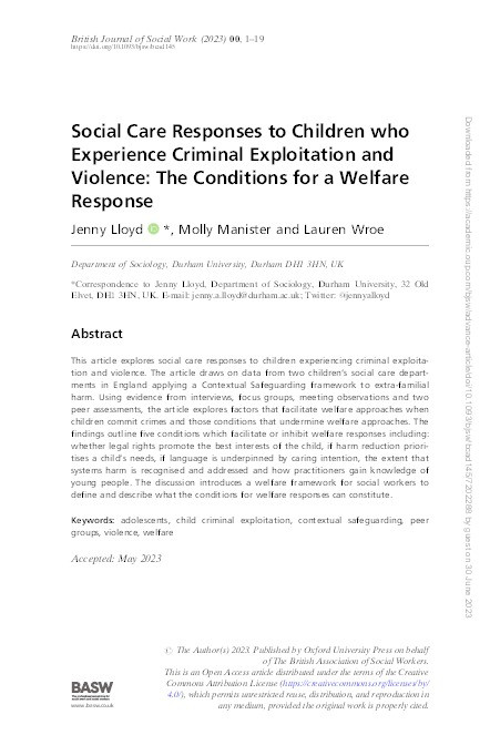 Social care responses to children who experience criminal exploitation and violence: the conditions for a welfare response Thumbnail