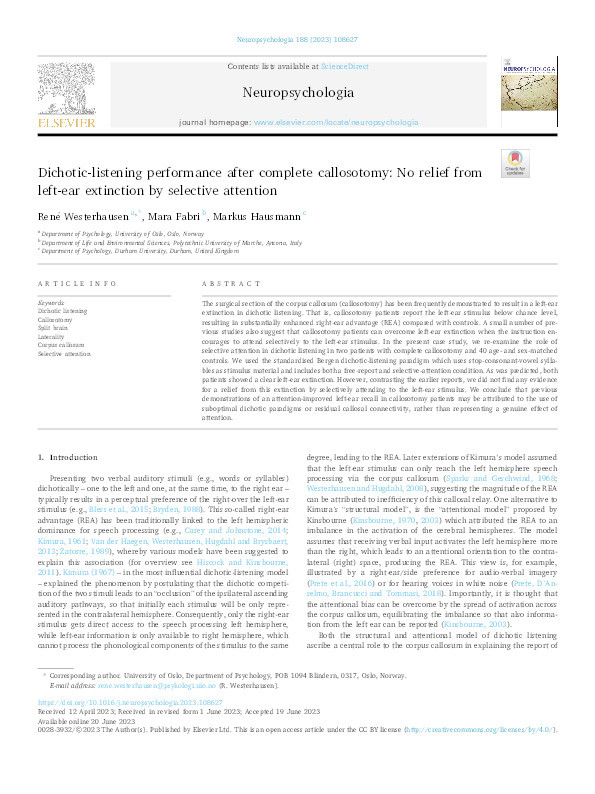 Dichotic-listening performance after complete callosotomy: No relief from left-ear extinction by selective attention Thumbnail