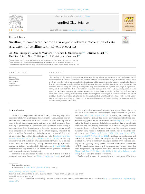 Swelling of compacted bentonite in organic solvents: Correlation of rate and extent of swelling with solvent properties Thumbnail