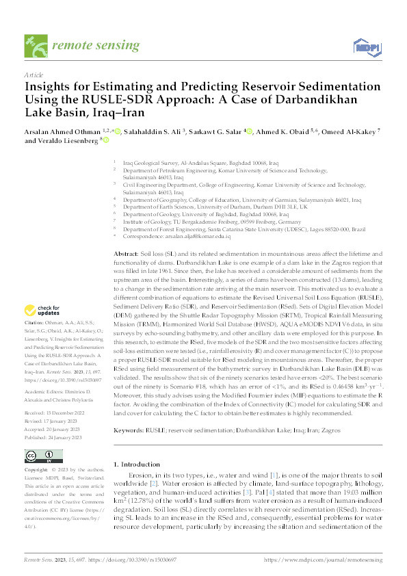 Insights for Estimating and Predicting Reservoir Sedimentation Using the RUSLE-SDR Approach: A Case of Darbandikhan Lake Basin, Iraq–Iran Thumbnail