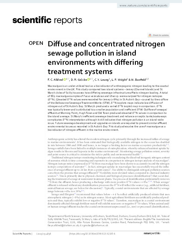 Diffuse and concentrated nitrogen sewage pollution in island environments with differing treatment systems Thumbnail
