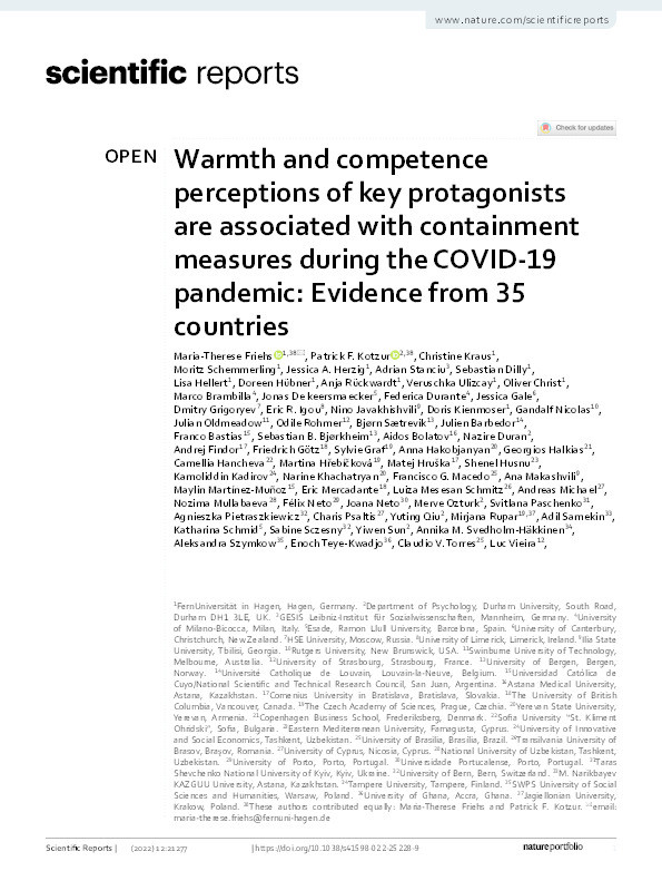 Warmth and competence perceptions of key protagonists are associated with containment measures during the COVID-19 pandemic: Evidence from 35 countries Thumbnail