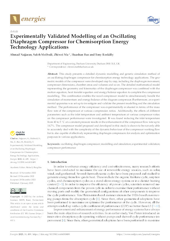 Experimentally Validated Modelling of an Oscillating Diaphragm Compressor for Chemisorption Energy Technology Applications Thumbnail