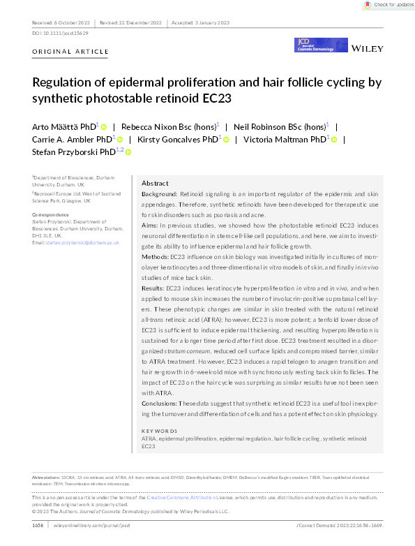 Regulation of epidermal proliferation and hair follicle cycling by synthetic photostable retinoid EC23 Thumbnail