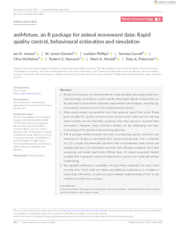 aniMotum, an R package for animal movement data: Rapid quality control, behavioural estimation and simulation Thumbnail