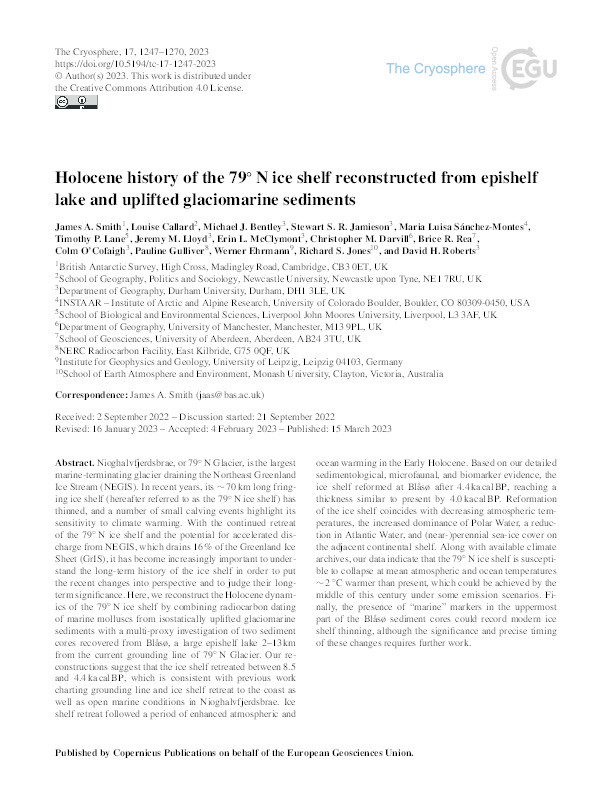 Holocene history of the 79° N ice shelf reconstructed from epishelf lake and uplifted glaciomarine sediments Thumbnail