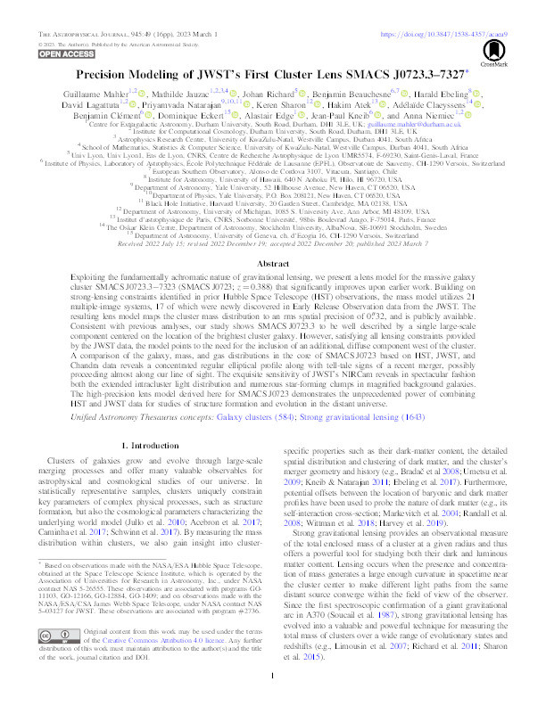 Precision Modeling of JWST's First Cluster Lens SMACS J0723.3–7327* Thumbnail