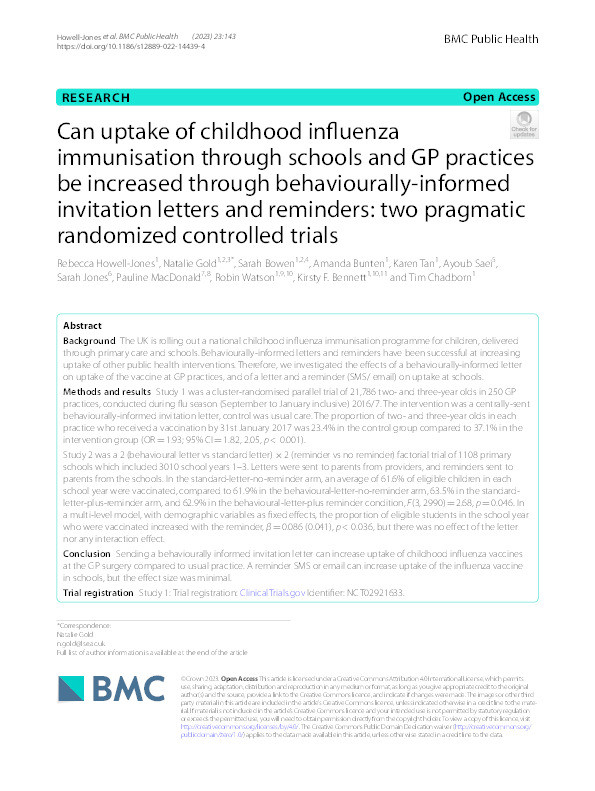 Can uptake of childhood influenza immunisation through schools and GP practices be increased through behaviourally-informed invitation letters and reminders: two pragmatic randomized controlled trials Thumbnail