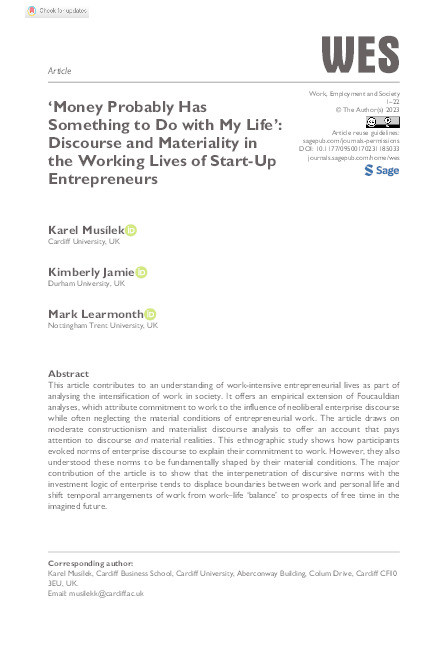 ‘Money probably has something to do with my life’: Discourse and materiality in the working lives of start-up entrepreneurs Thumbnail