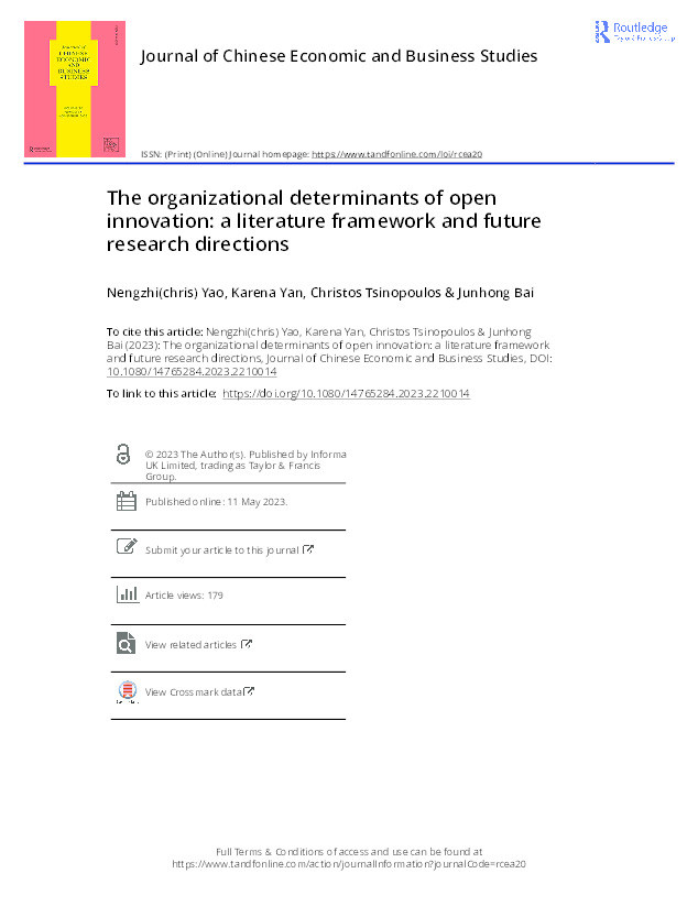 The organizational determinants of open innovation: a literature framework and future research directions Thumbnail