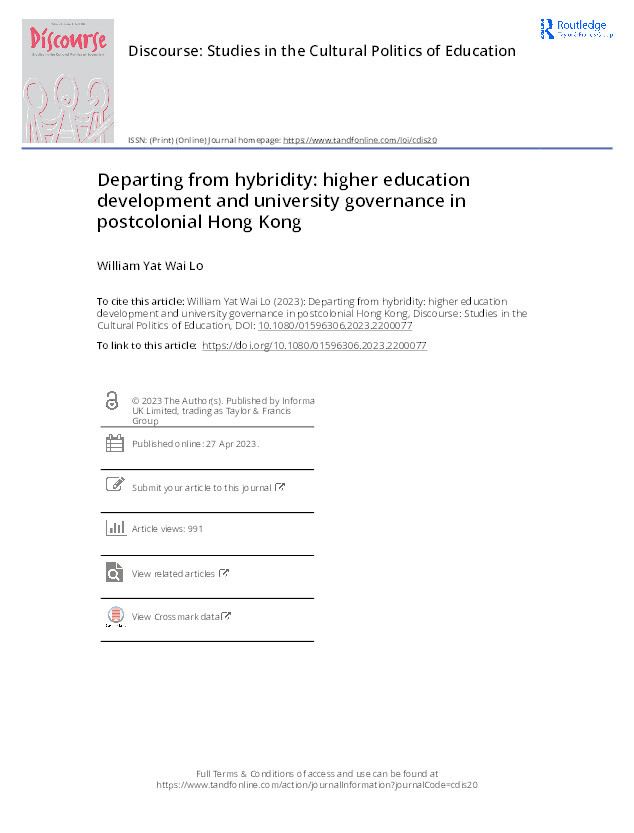 Departing from hybridity: higher education development and university governance in postcolonial Hong Kong Thumbnail