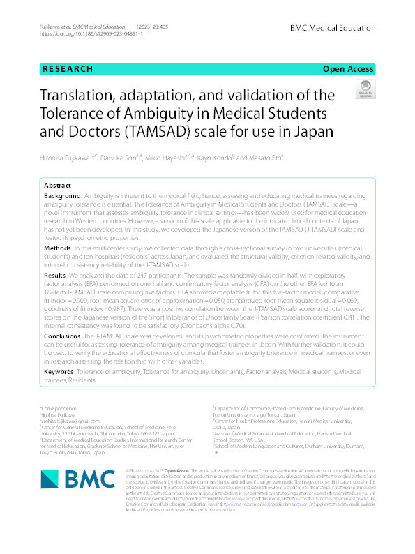 Translation, adaptation, and validation of the Tolerance of Ambiguity in Medical Students and Doctors (TAMSAD) scale for use in Japan Thumbnail