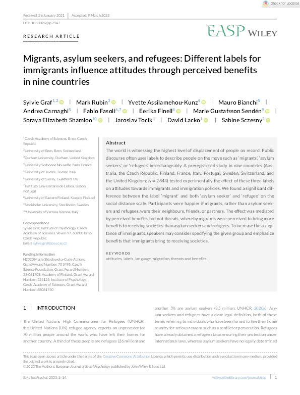 Migrants, asylum seekers, and refugees: Different labels for immigrants influence attitudes through perceived benefits in nine countries Thumbnail