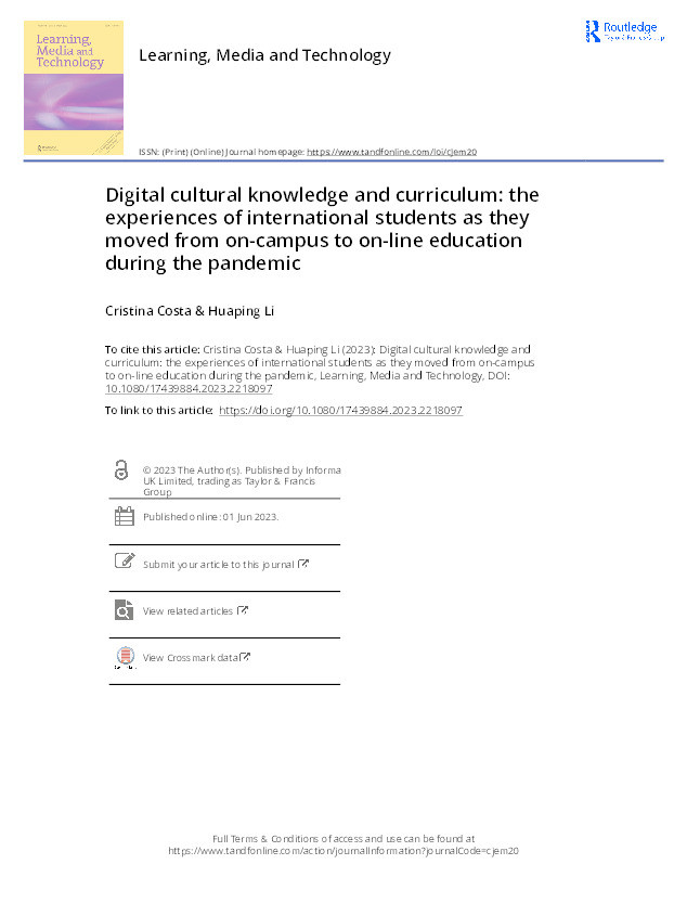 Digital cultural knowledge and curriculum: the experiences of international students as they moved from on-campus to on-line education during the pandemic Thumbnail