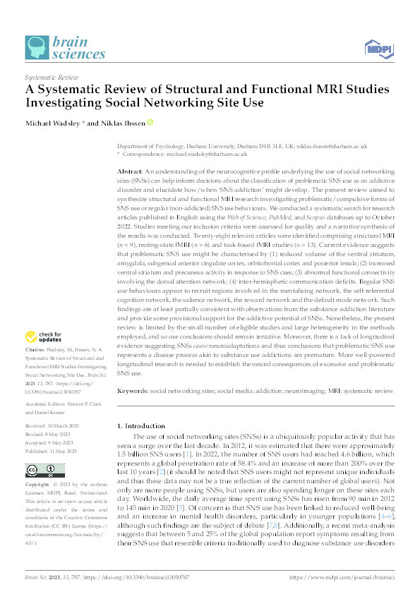 A Systematic Review of Structural and Functional MRI Studies Investigating Social Networking Site Use Thumbnail