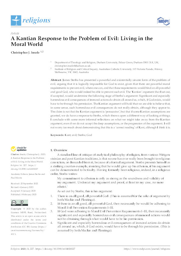 A Kantian Response to the Problem of Evil: Living in the Moral World Thumbnail