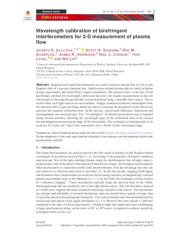Wavelength calibration of birefringent interferometers for 2-D measurement of plasma flow Thumbnail