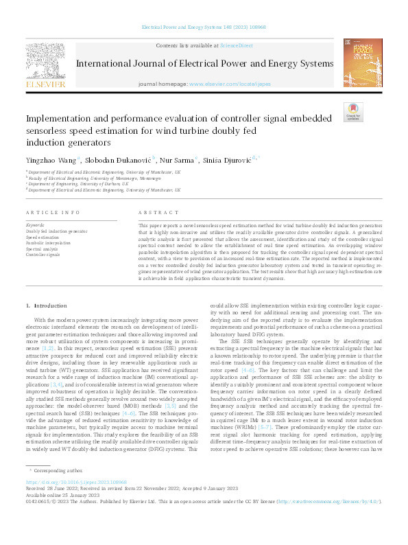 Implementation and performance evaluation of controller signal embedded sensorless speed estimation for wind turbine doubly fed induction generators Thumbnail