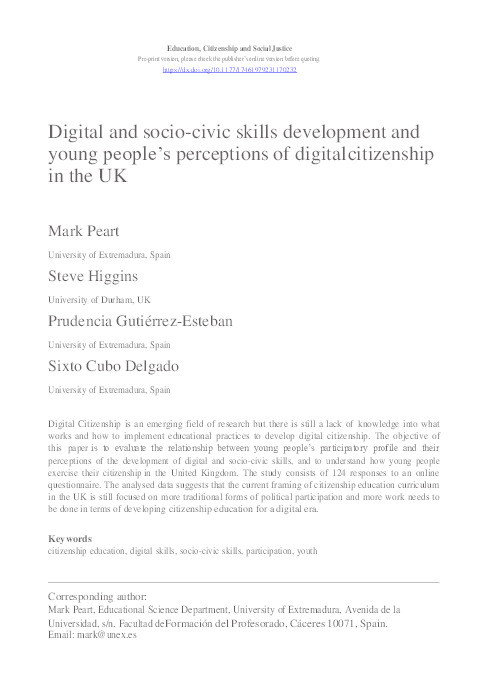 Digital and socio-civic skills development and young people’s perceptions of digital citizenship in the UK Thumbnail
