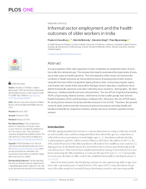 Informal sector employment and the health outcomes of older workers in India Thumbnail