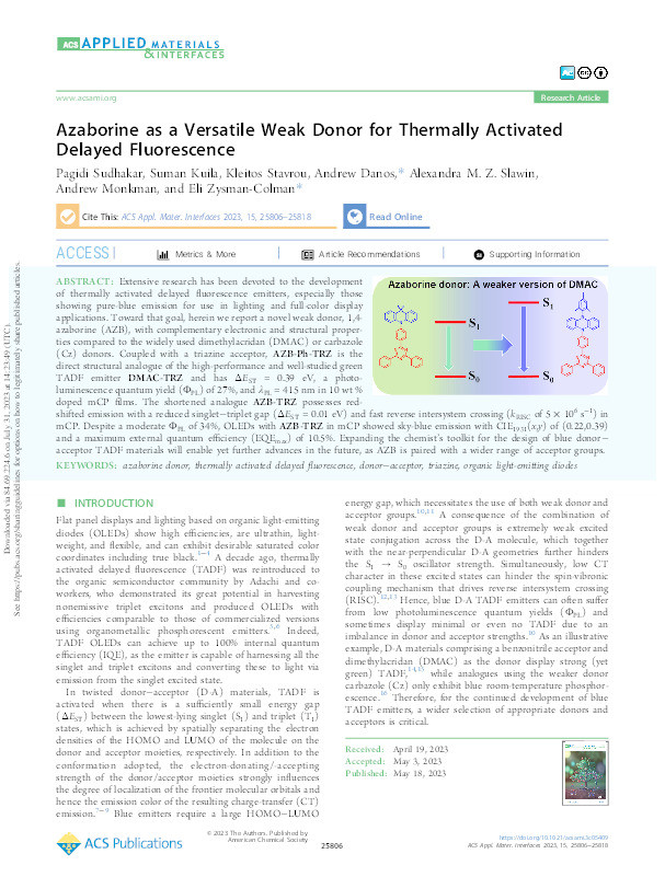 Azaborine as a Versatile Weak Donor for Thermally Activated Delayed Fluorescence Thumbnail