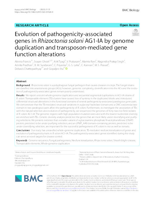 Evolution of pathogenicity-associated genes in Rhizoctonia solani AG1-IA by genome duplication and transposon-mediated gene function alterations Thumbnail