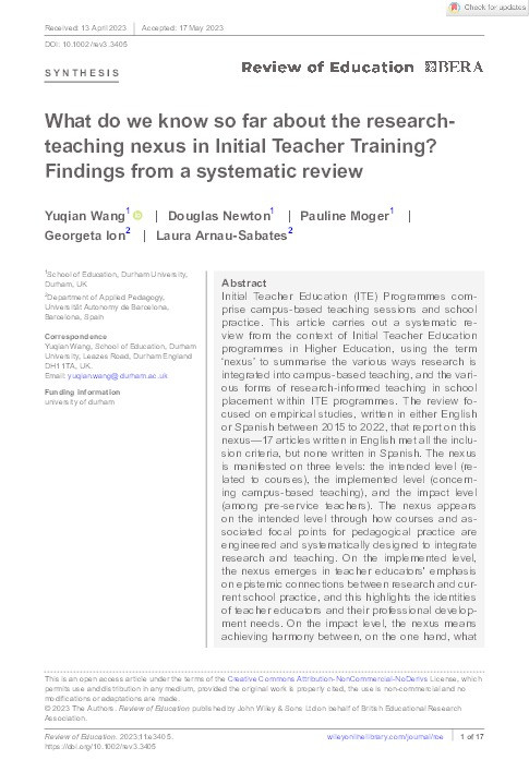 What do we know so far about the research-teaching nexus in Initial Teacher Training? Thumbnail