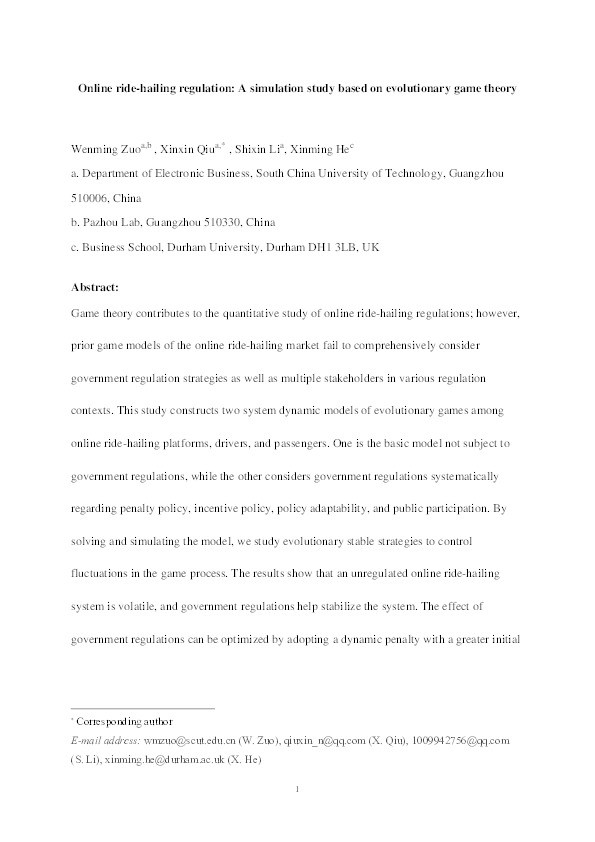 Online ride-hailing regulation: a simulation study based on evolutionary game theory Thumbnail