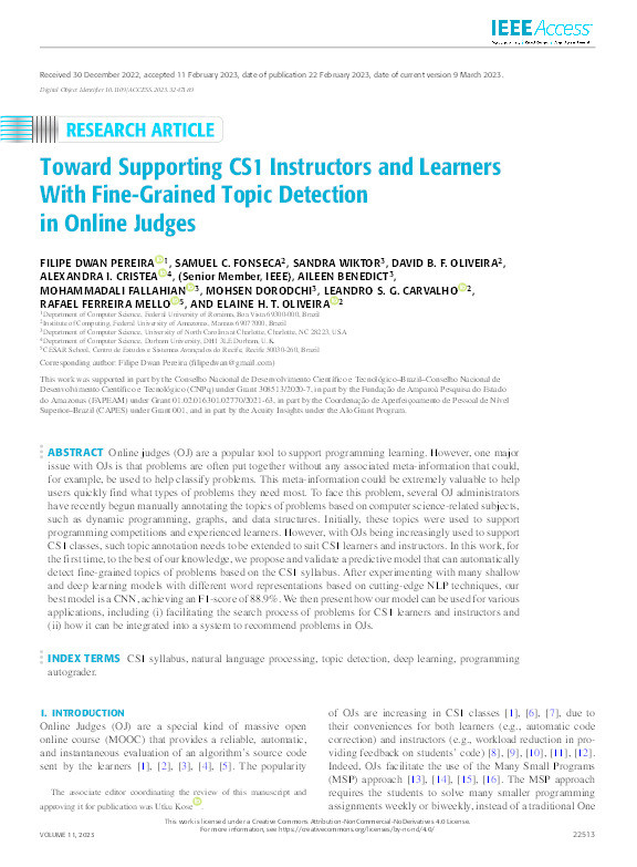 Toward Supporting CS1 Instructors and Learners With Fine-Grained Topic Detection in Online Judges Thumbnail