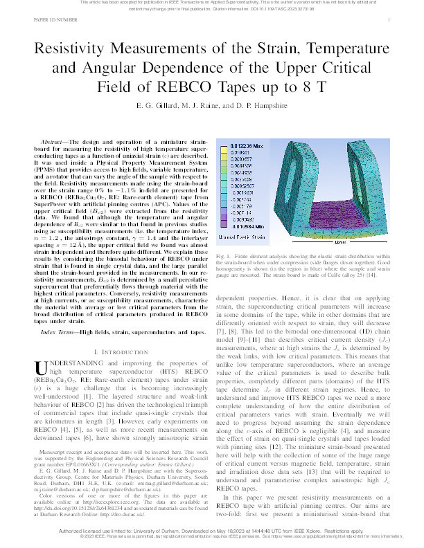 Resistivity Measurements of the Strain, Temperature and Angular Dependence of the Upper Critical Field of REBCO Tapes up to 8 T Thumbnail