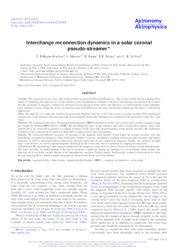 Interchange reconnection dynamics in a solar coronal pseudo-streamer Thumbnail