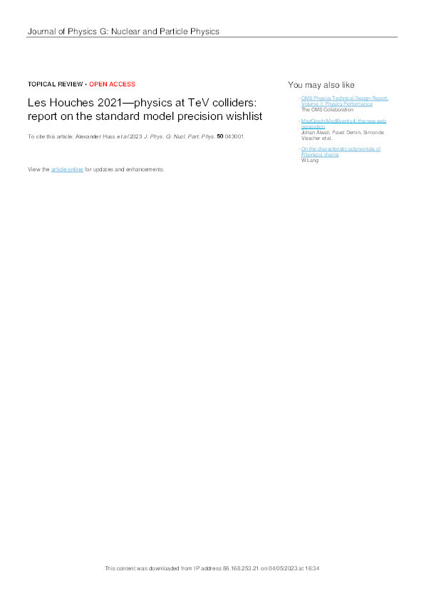 Les Houches 2021—physics at TeV colliders: report on the standard model precision wishlist Thumbnail