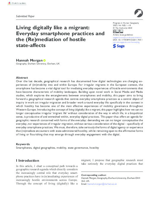 Living digitally like a migrant: Everyday smartphone practices and the (Re)mediation of hostile state-affects Thumbnail