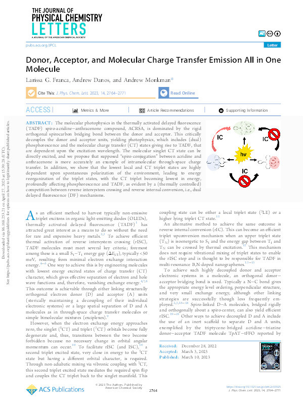 Donor, Acceptor, and Molecular Charge Transfer Emission All in One Molecule Thumbnail