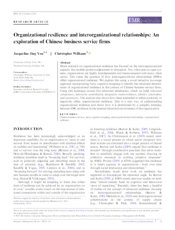 Organizational resilience and interorganizational relationships: An exploration of Chinese business service firms Thumbnail