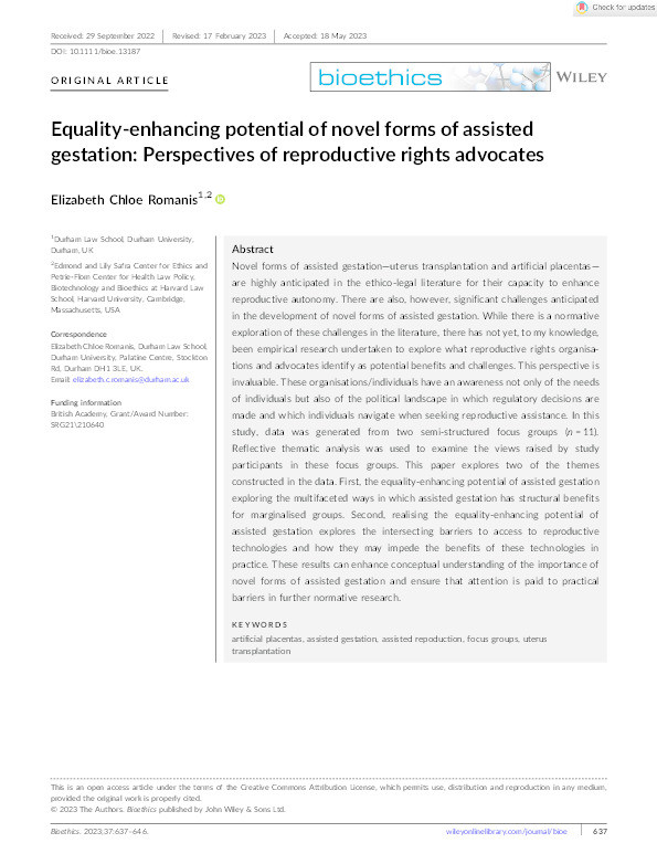 Equality-enhancing potential of novel forms of assisted gestation: Perspectives of reproductive rights advocates Thumbnail