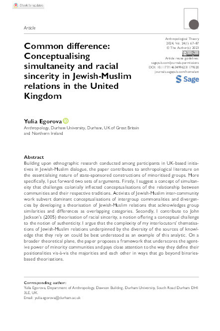 Common difference: Conceptualising simultaneity and racial sincerity in Jewish-Muslim relations in the United Kingdom Thumbnail