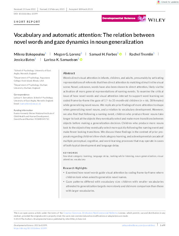 Vocabulary and automatic attention: The relation between novel words and gaze dynamics in noun generalization Thumbnail