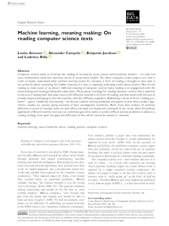 Machine learning, meaning making: On reading computer science texts Thumbnail