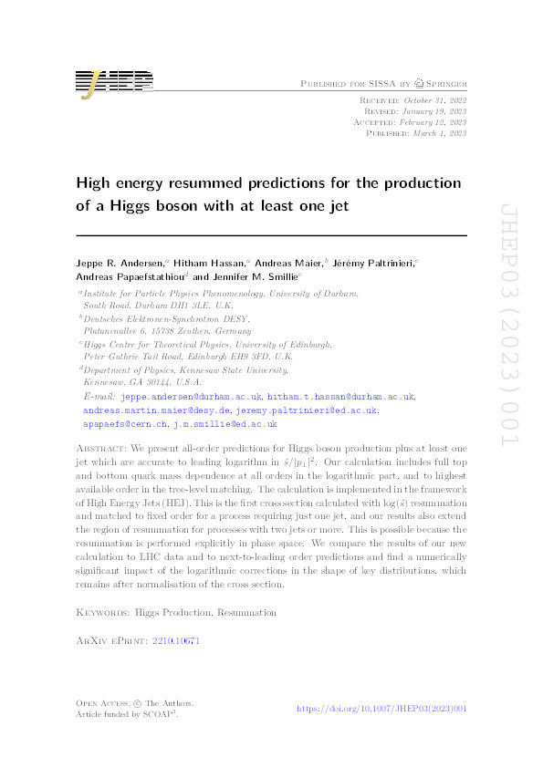 High energy resummed predictions for the production of a Higgs boson with at least one jet Thumbnail