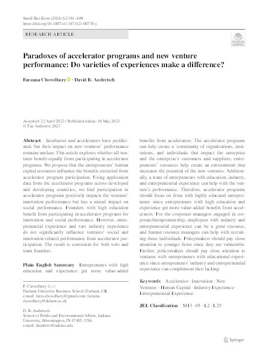 Paradoxes of accelerator programs and new venture performance: Do varieties of experiences make a difference? Thumbnail