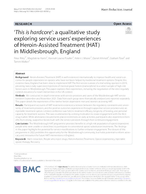 ‘This is hardcore’: a qualitative study exploring service users’ experiences of Heroin-Assisted Treatment (HAT) in Middlesbrough, England Thumbnail