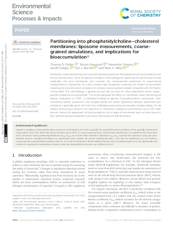 Partitioning into phosphatidylcholine-cholesterol membranes: liposome measurements, coarse-grained simulations, and implications for bioaccumulation Thumbnail