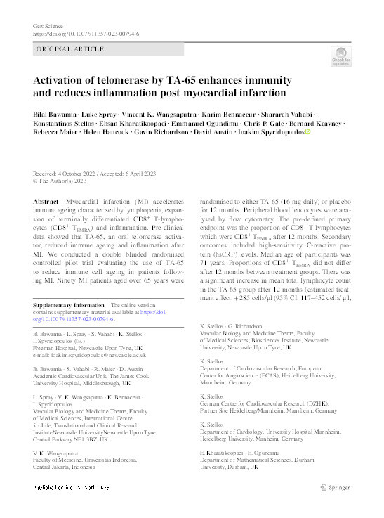 Activation of telomerase by TA-65 enhances immunity and reduces inflammation post myocardial infarction Thumbnail