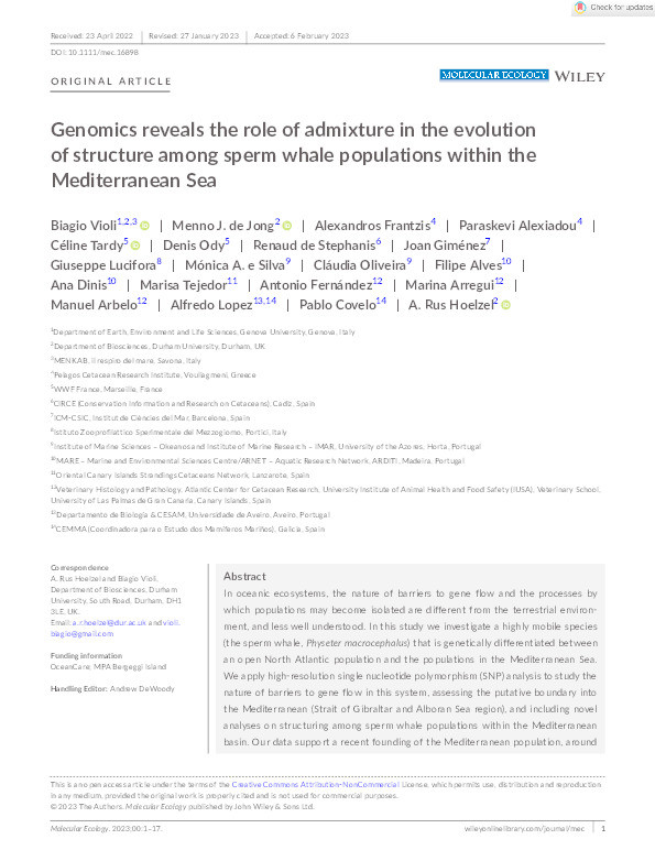 Genomics reveals the role of admixture in the evolution of structure among sperm whale populations within the Mediterranean Sea Thumbnail