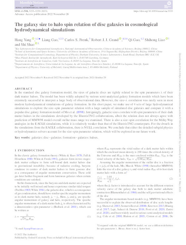 The galaxy size to halo spin relation of disc galaxies in cosmological hydrodynamical simulations Thumbnail