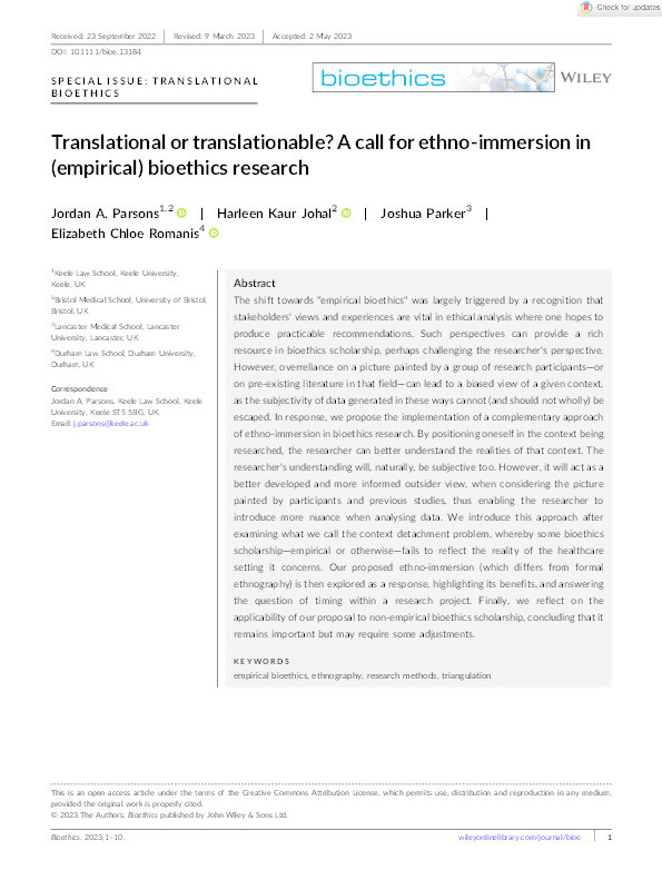Translational or translationable? A call for ethno-immersion in (empirical) bioethics research Thumbnail